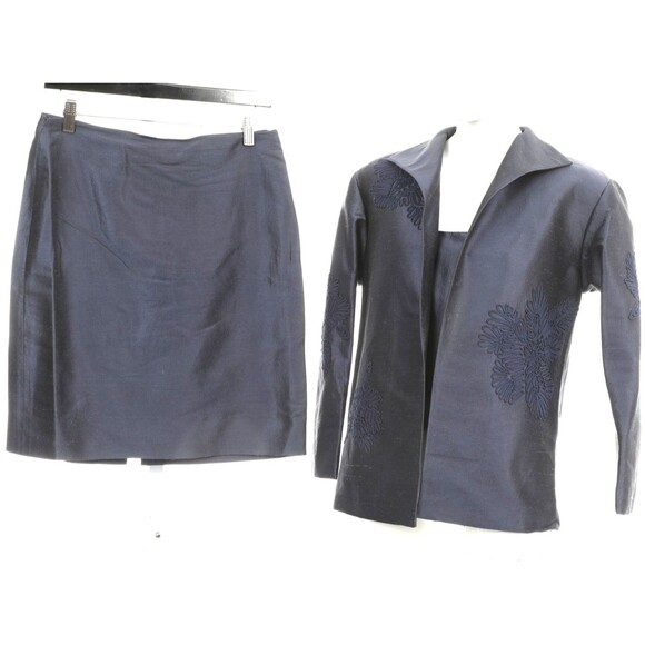 Linda Allard Ellen Tracy 3 Pc Suit 100% Pure Silk Size 4 Marine Blue Embroidered - Picture 1 of 13